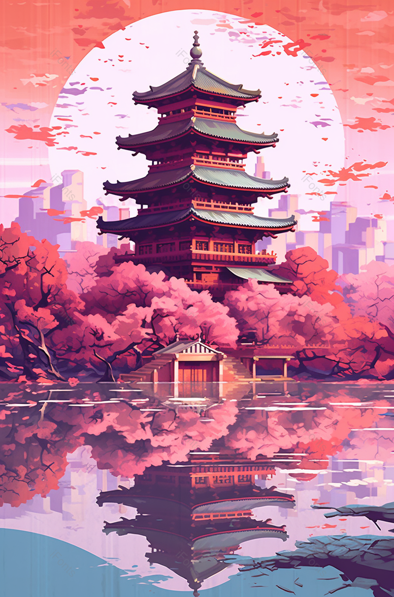 国风傍晚水边高塔建筑唯美风格壁插画,插画/手绘图,插画/手绘图库,插画/手绘图下载,插画/手绘